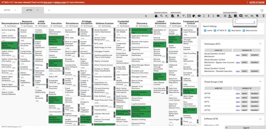 screenshot of the mitre attack navigator attack simulation tool